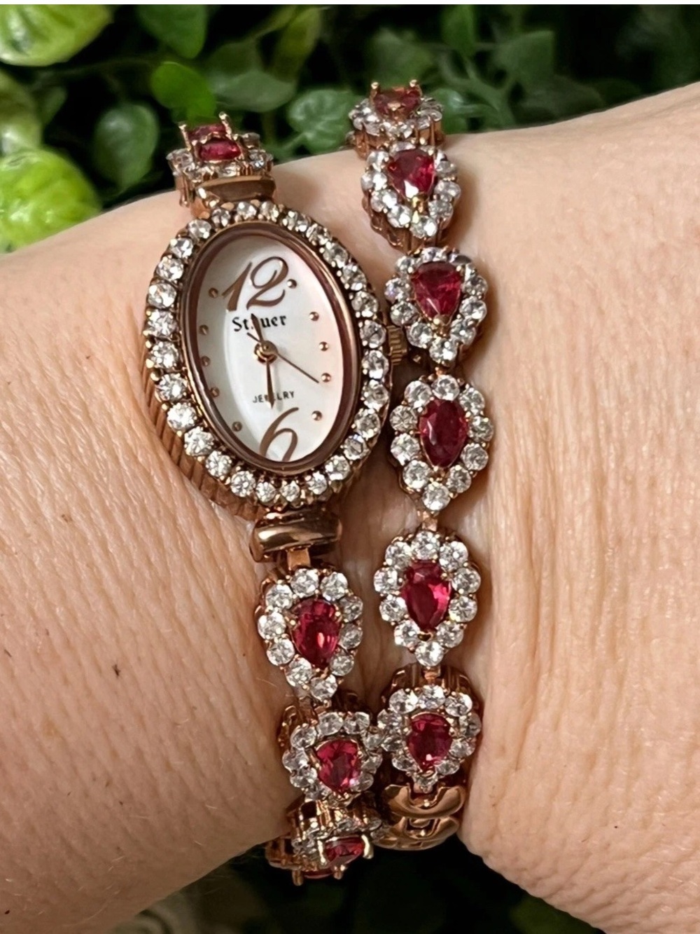 ESTATE Stauer Red Ruby Teardrop Rose gold WATCH Tennis Bracelet Wrap  $399